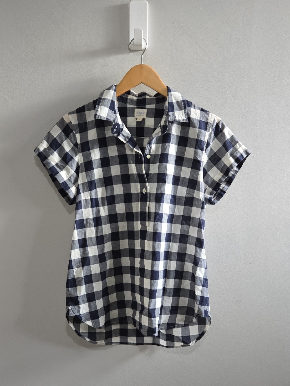 J. Crew Navy and White Gingham Short-Sleeve Cotton Shirt Size Small